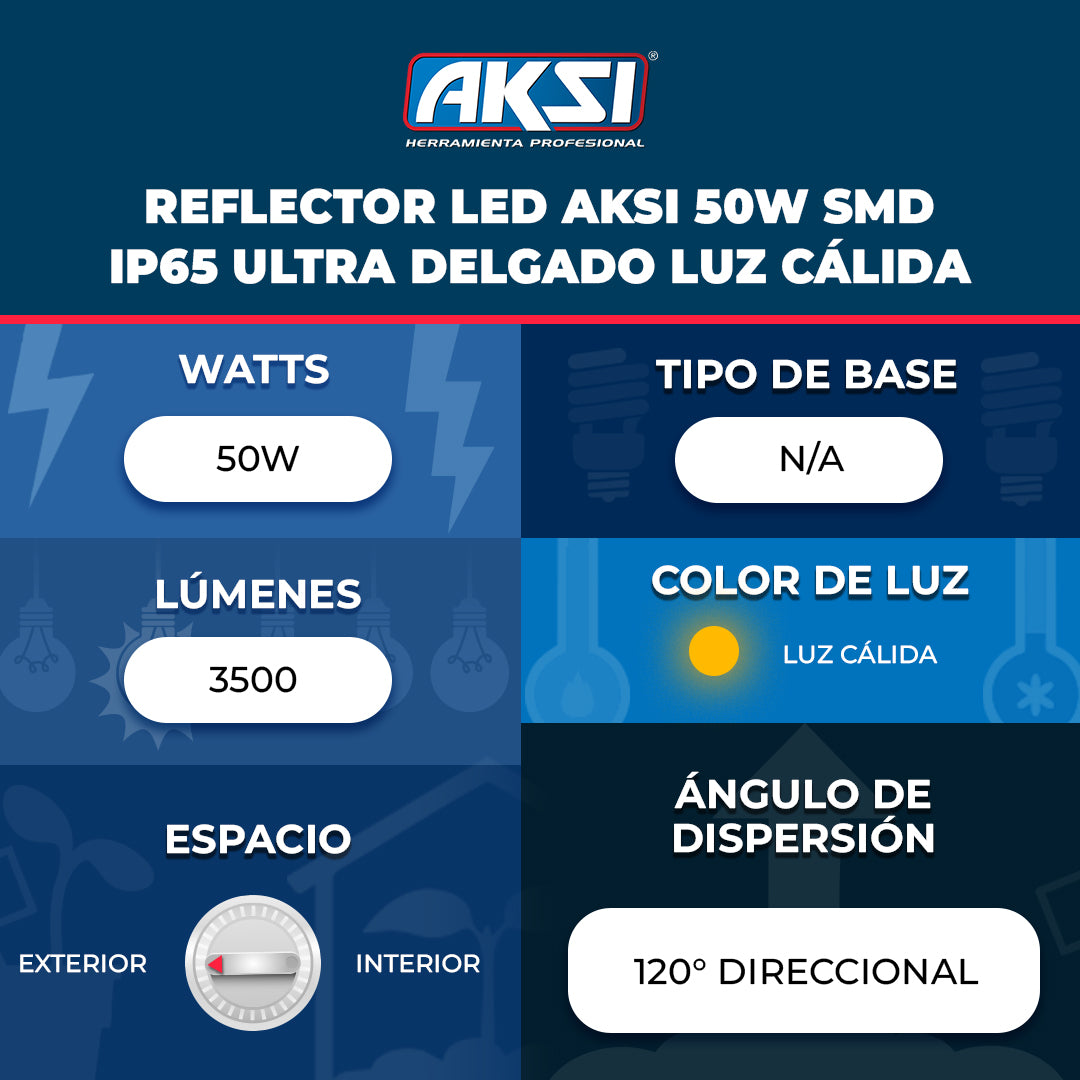 Ficha técnica de Reflector LED Aksi 50W SMD IP65 Ultra Delgado Luz Cálida