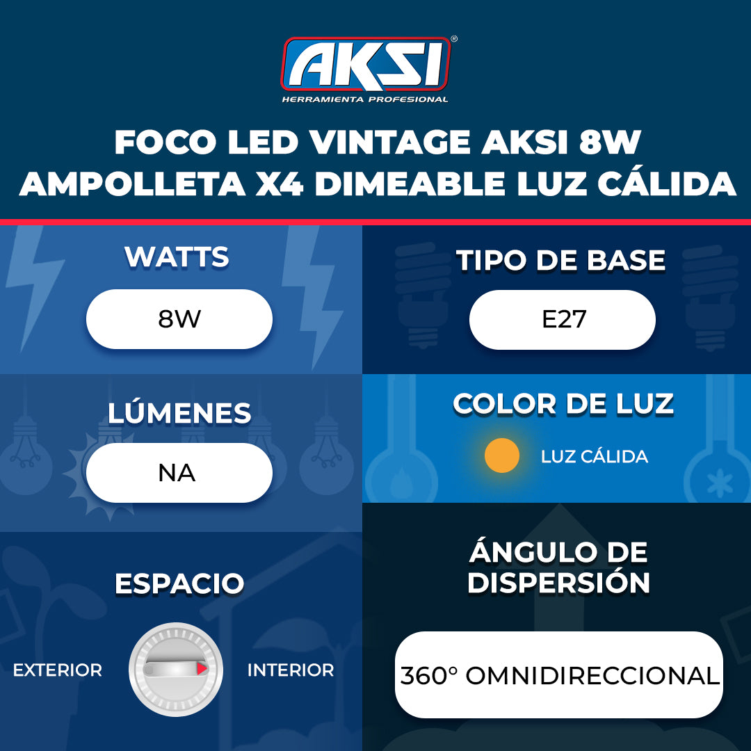 Ficha técnica de Foco LED Vintage Aksi 8W Ampolleta X4 Dimeable Luz Cálida
