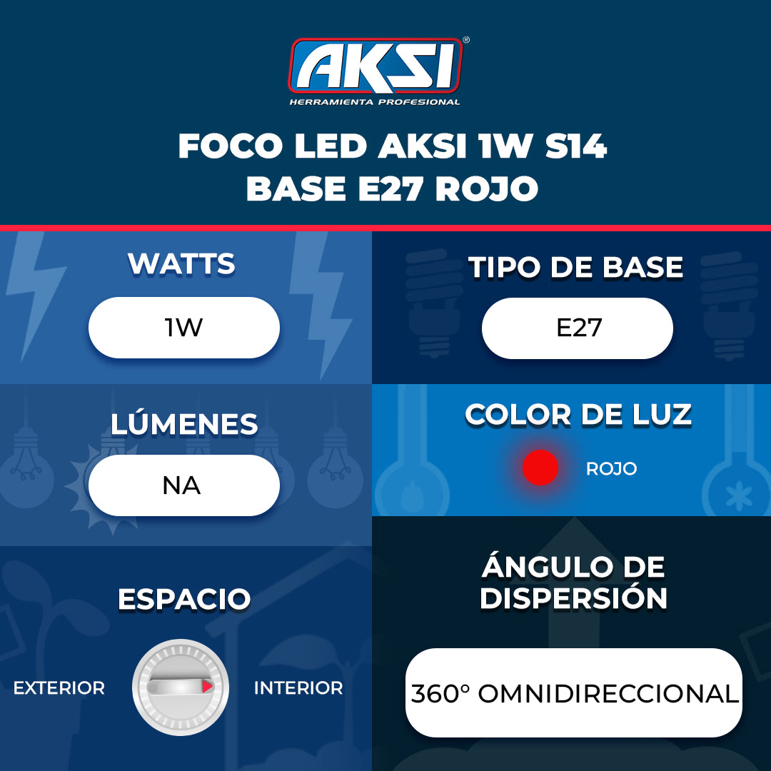 Ficha técnica de Foco LED Aksi 1W S14 Base E27 Rojo