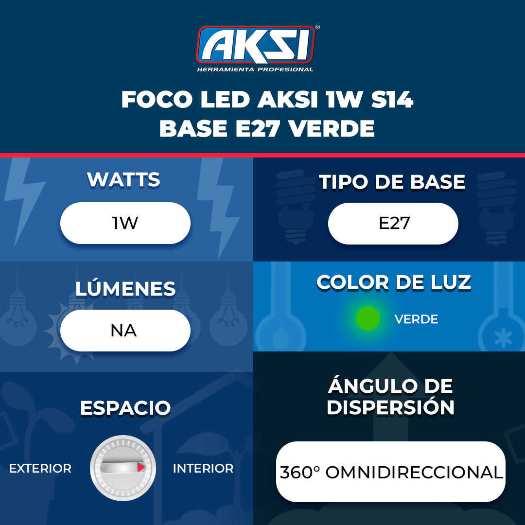 Ficha técnica de Foco LED Aksi 1W S14 Base E27 Verde