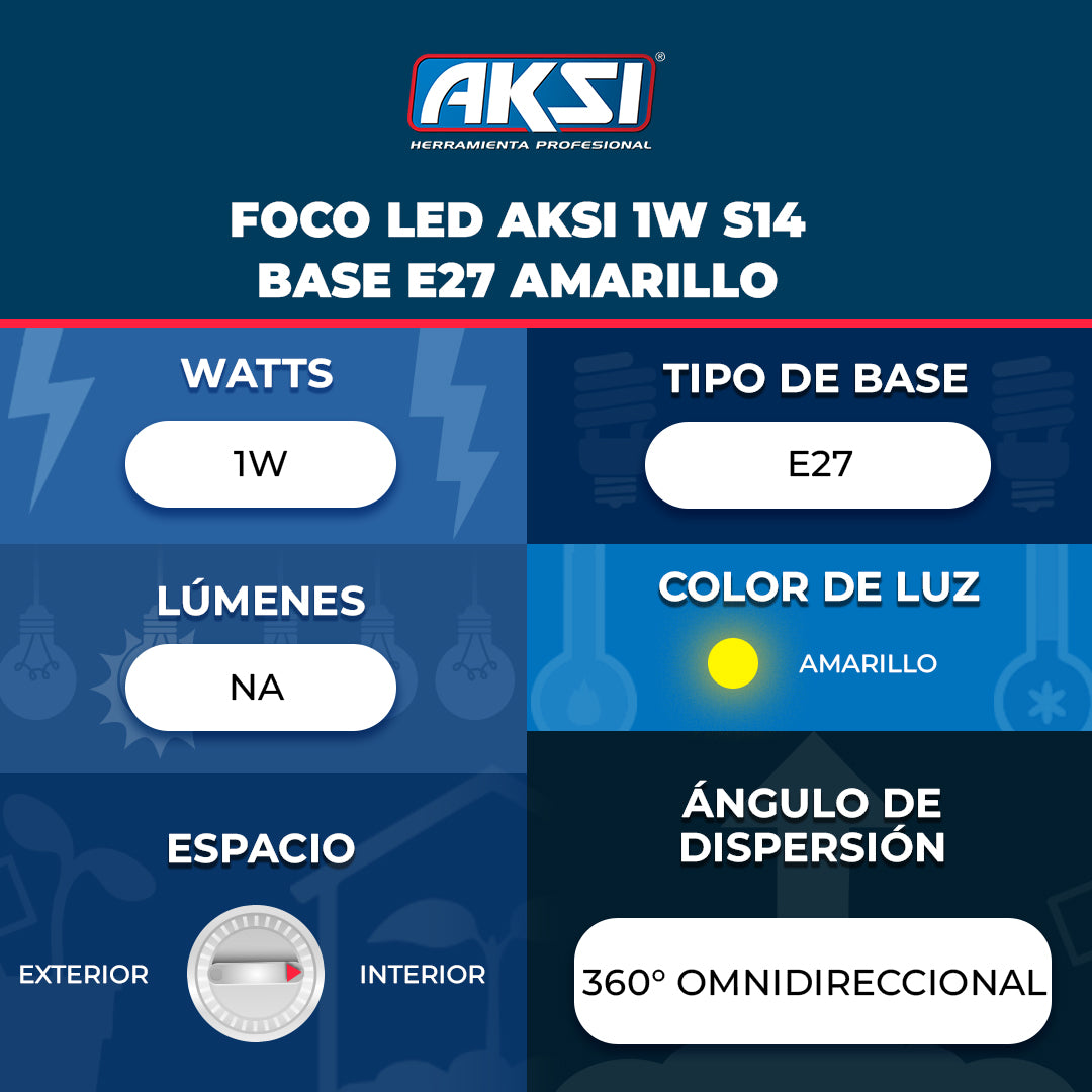 Ficha técnica de Foco LED Aksi 1W S14 Base E27 Amarillo