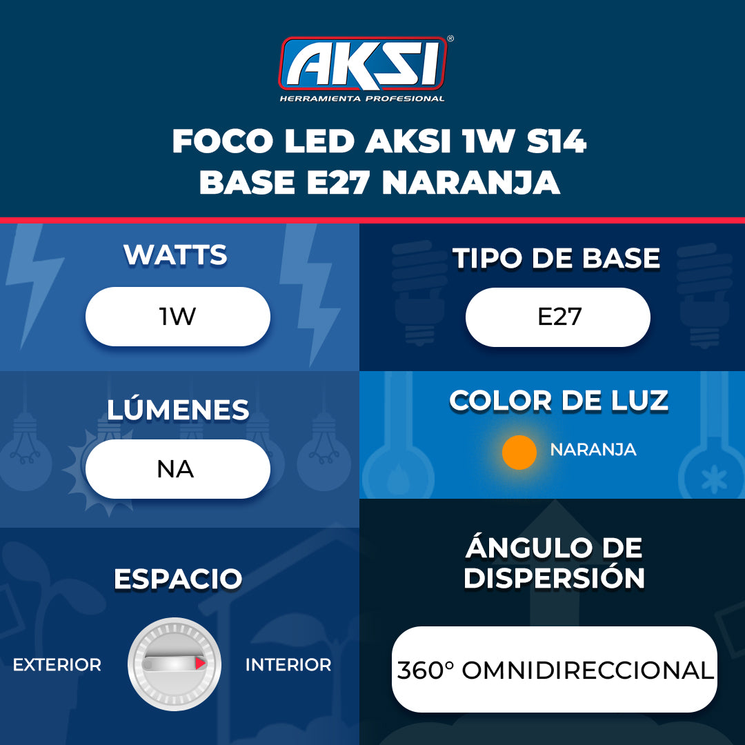Ficha técnica de Foco LED Aksi 1W S14 Base E27 Naranja