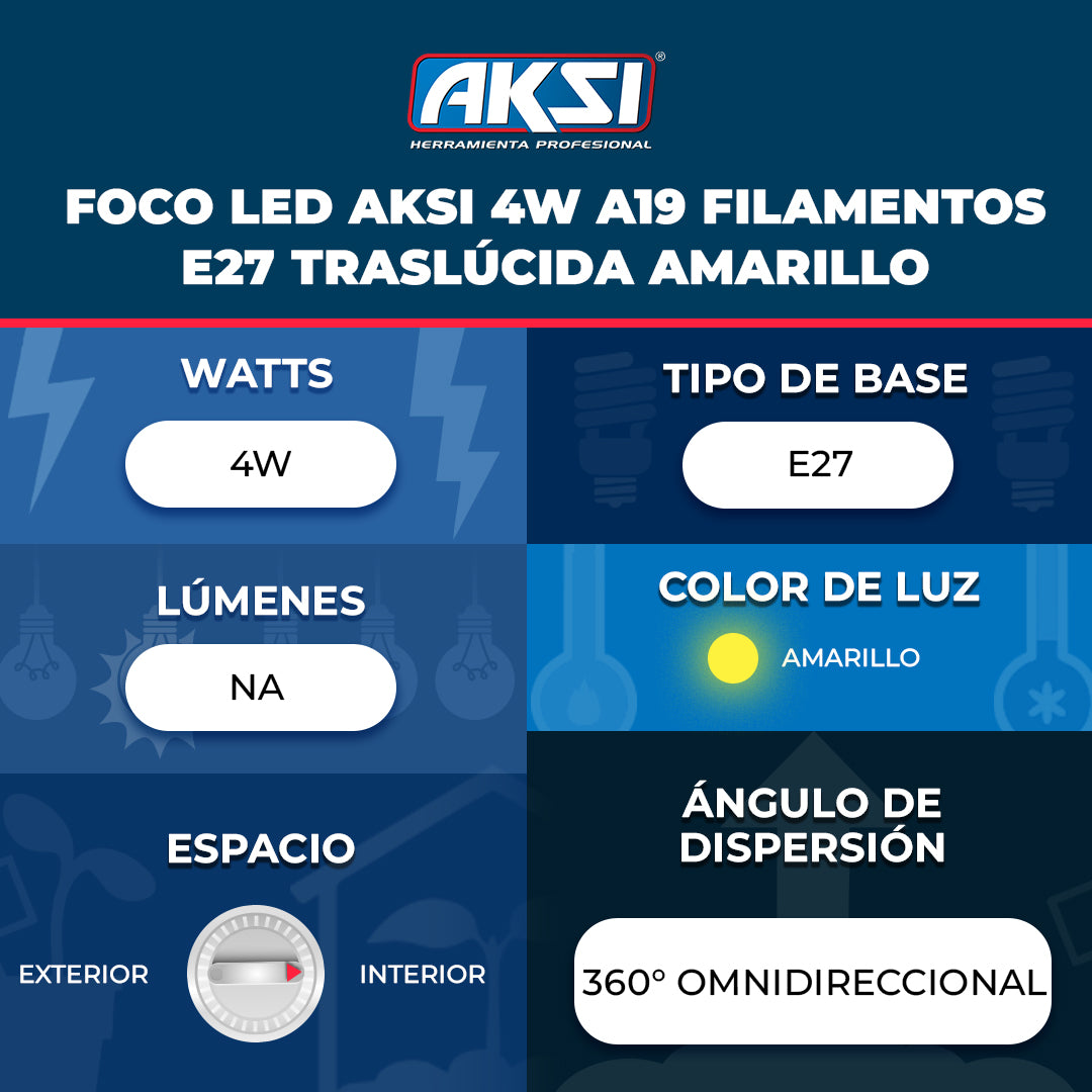 Ficha técnica de Foco LED Aksi 4W A19 Filamentos E27 Traslúcida Amarillo