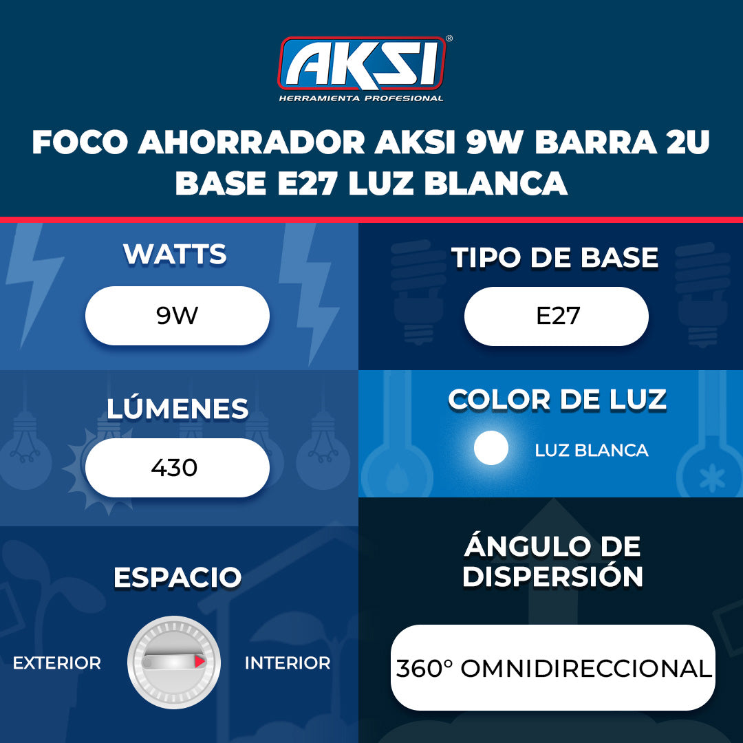 Ficha técnica de Foco Ahorrador Aksi 9W Barra 2U Base E27 Luz Blanca