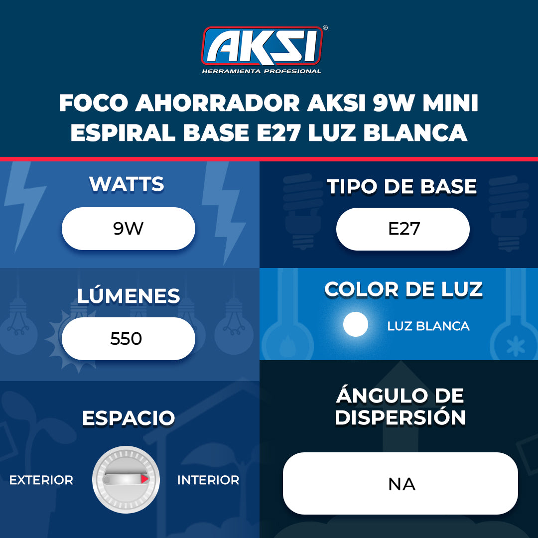 Ficha técnica de Foco Ahorrador Aksi 9W Mini Espiral Base E27 Luz Blanca