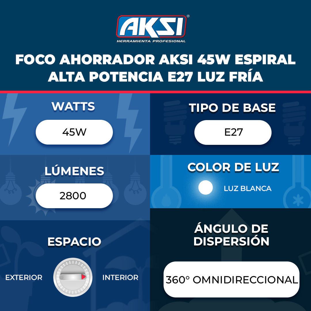 Ficha técnica de Foco Ahorrador Aksi 45W Espiral Alta Potencia E27 Luz Fría