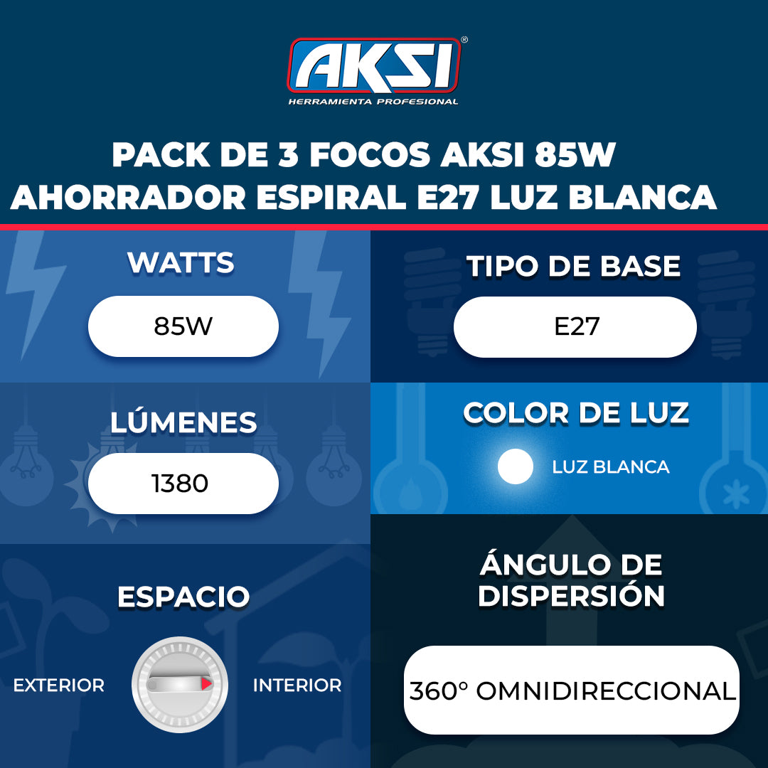Ficha técnica de Pack de 3 focos Aksi 85W Ahorrador Espiral E27 Luz Blanca