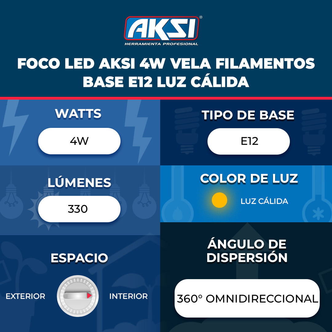 Ficha técnica de Foco LED Aksi 4W Vela Filamentos Base E12 Luz Cálida