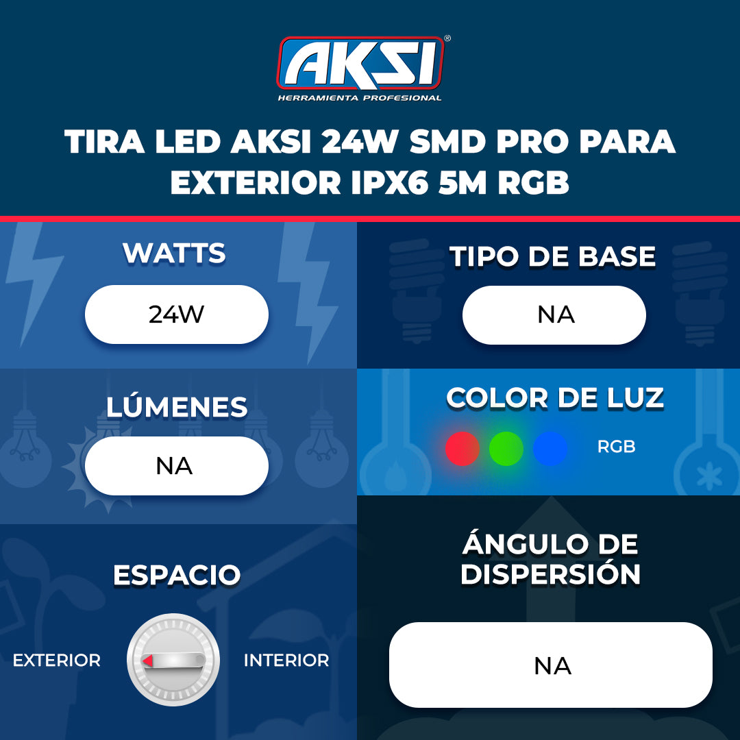 Ficha técnica de Tira LED Aksi 24W SMD PRO para Exterior IPX6 5m RGB