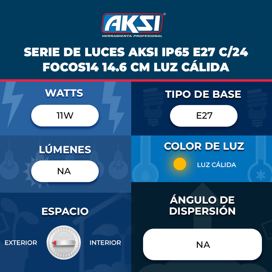 Ficha técnica de Serie de luces Aksi IP65 E27 c/24 focoS14 14.6 cm Luz Cálida
