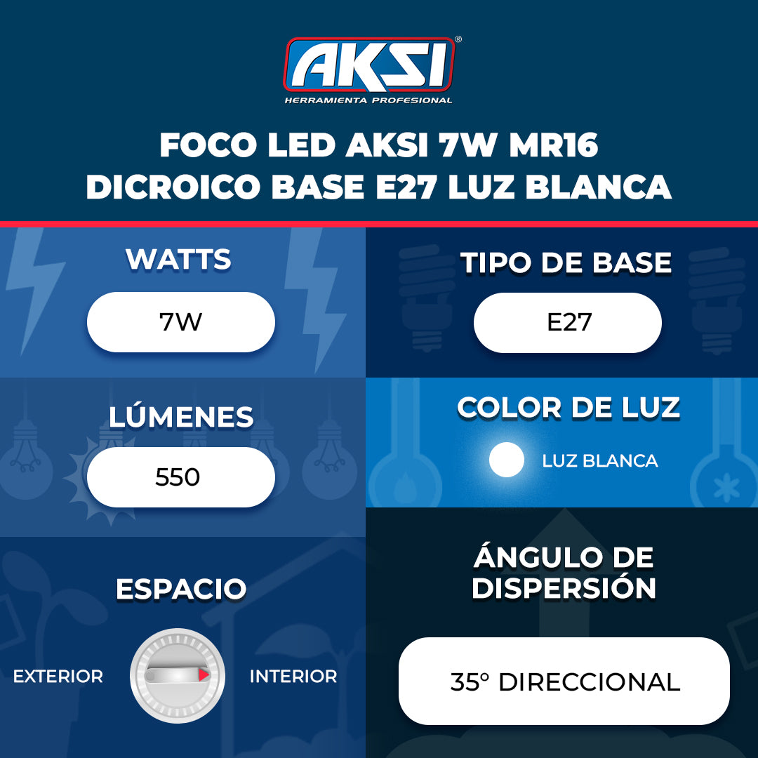 Ficha técnica de Foco LED Aksi 7W MR16 Dicroico Base E27 Luz Blanca