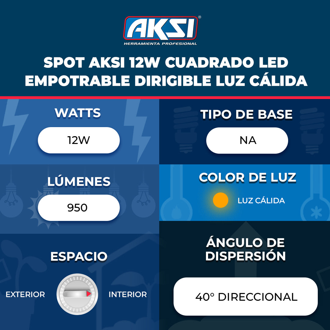 Ficha técnica de Spot Aksi 12W Cuadrado LED Empotrable Dirigible Luz Cálida