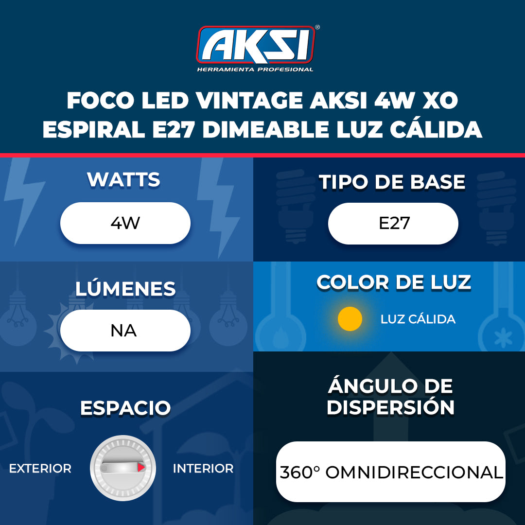 Ficha técnica de Foco LED Vintage Aksi 4W XO Espiral E27 Dimeable Luz Cálida