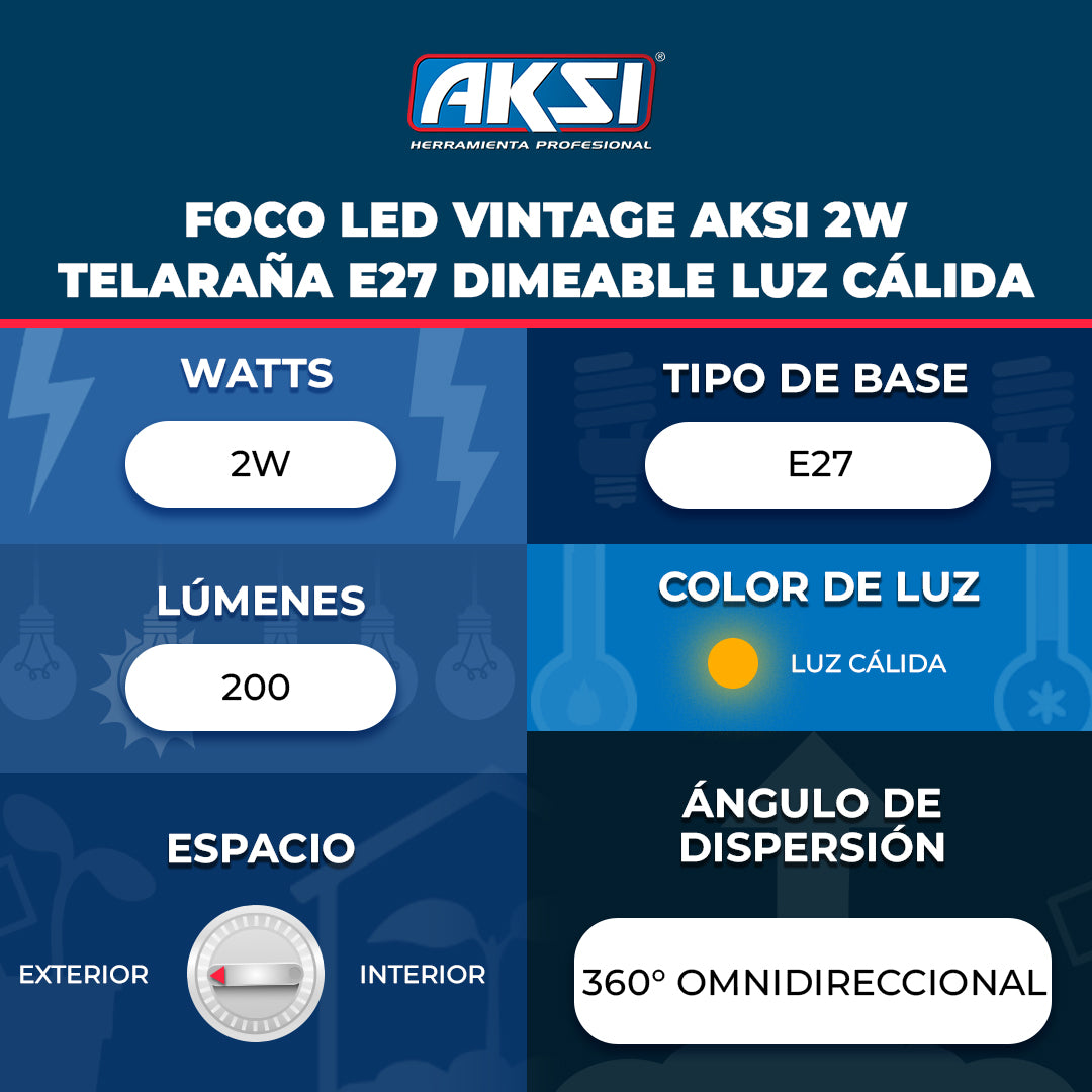 Ficha técnica de Foco LED Vintage Aksi 2W Telaraña E27 Dimeable Luz Cálida