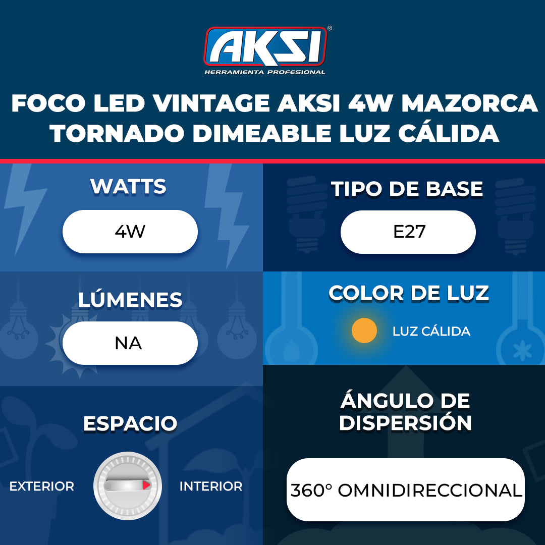 Ficha técnica de Foco LED Vintage Aksi 4W Mazorca Tornado Dimeable Luz Cálida