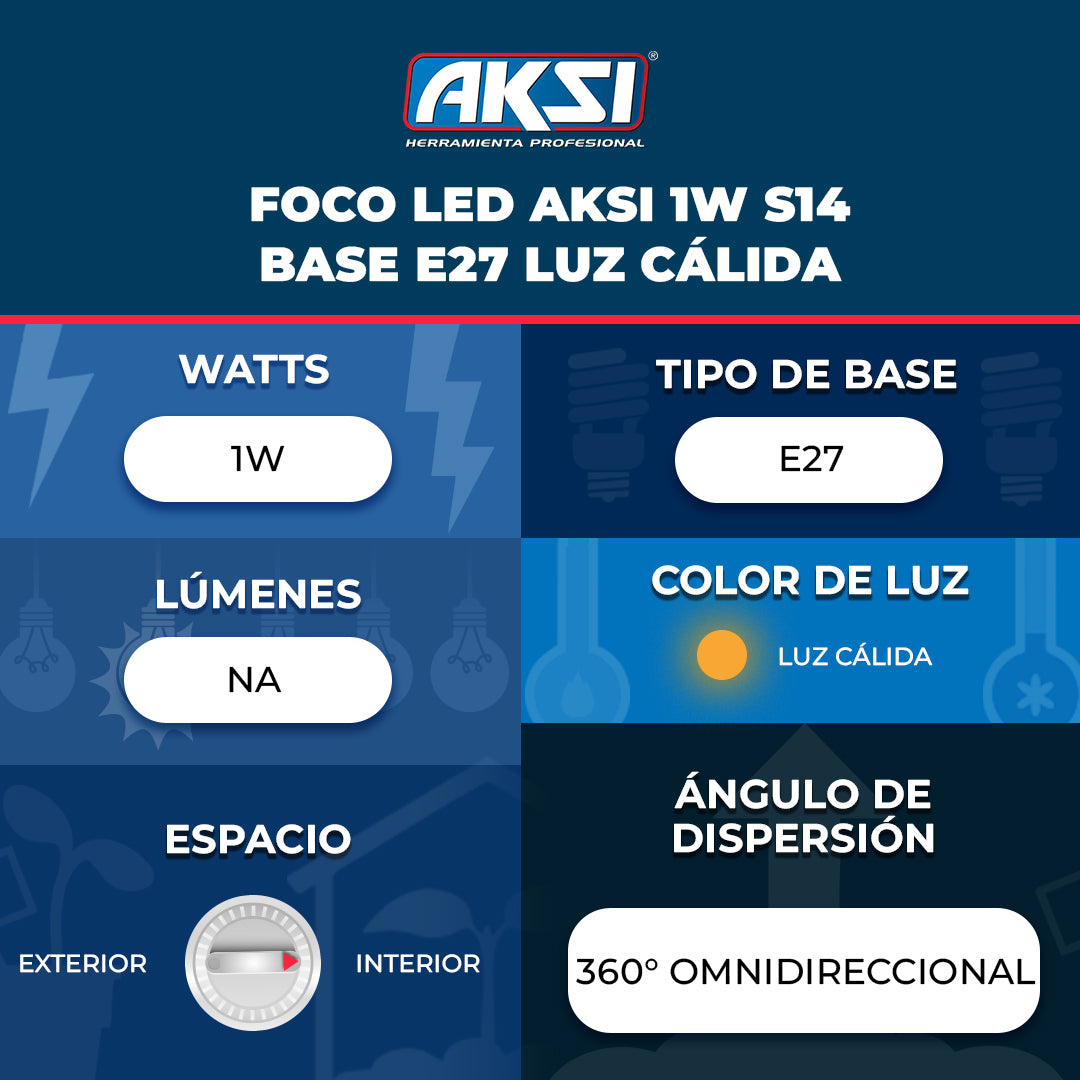 Ficha técnica de Foco LED Aksi 1W S14 Base E27 Luz Cálida