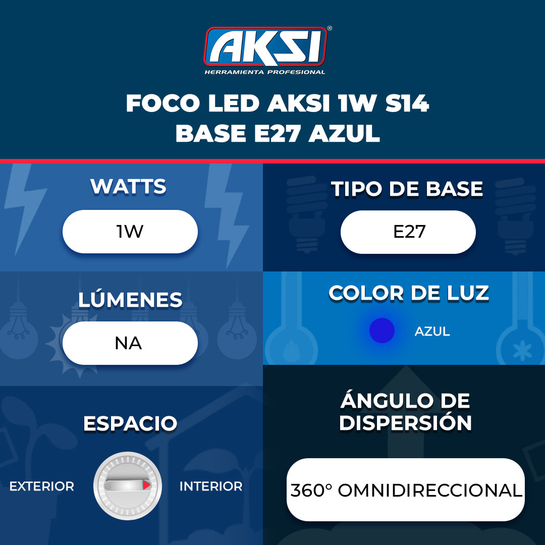 Ficha técnica de Foco LED Aksi 1W S14 Base E27 Azul