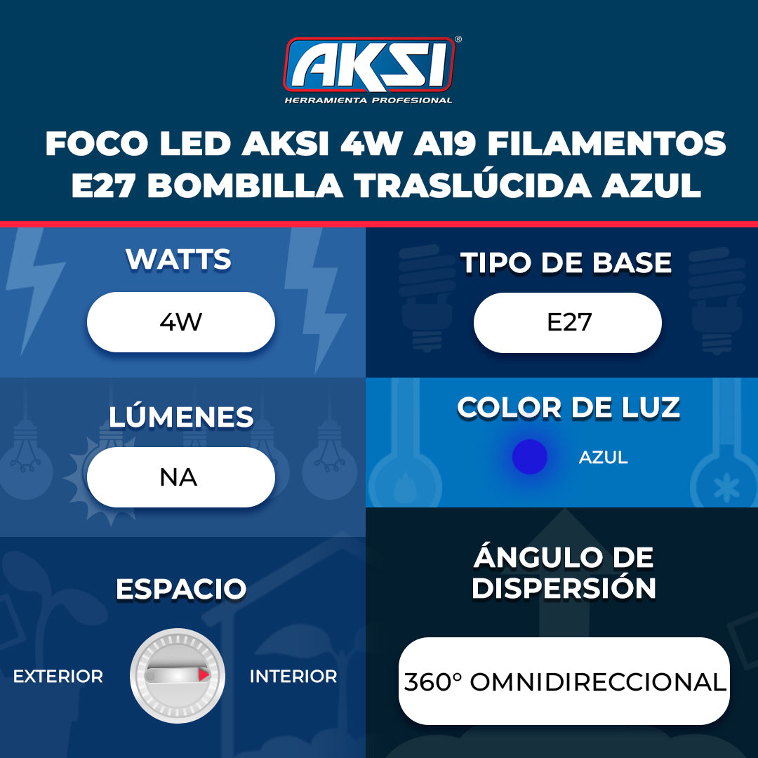 Ficha técnica de Foco LED Aksi 4W A19 Filamentos E27 Bombilla Traslúcida Azul
