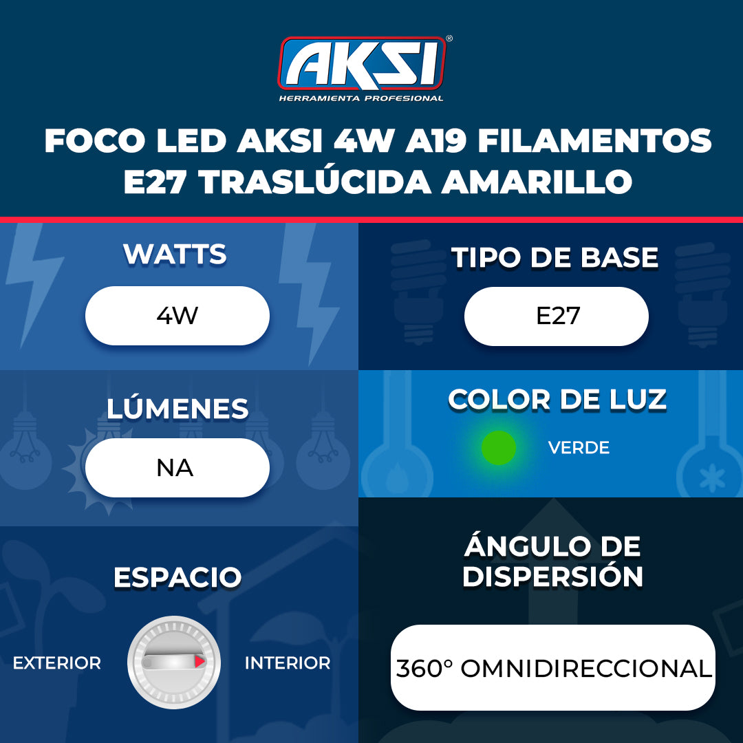 Ficha técnica de Foco LED Aksi 4W A19 Filamentos E27 Traslúcida Verde