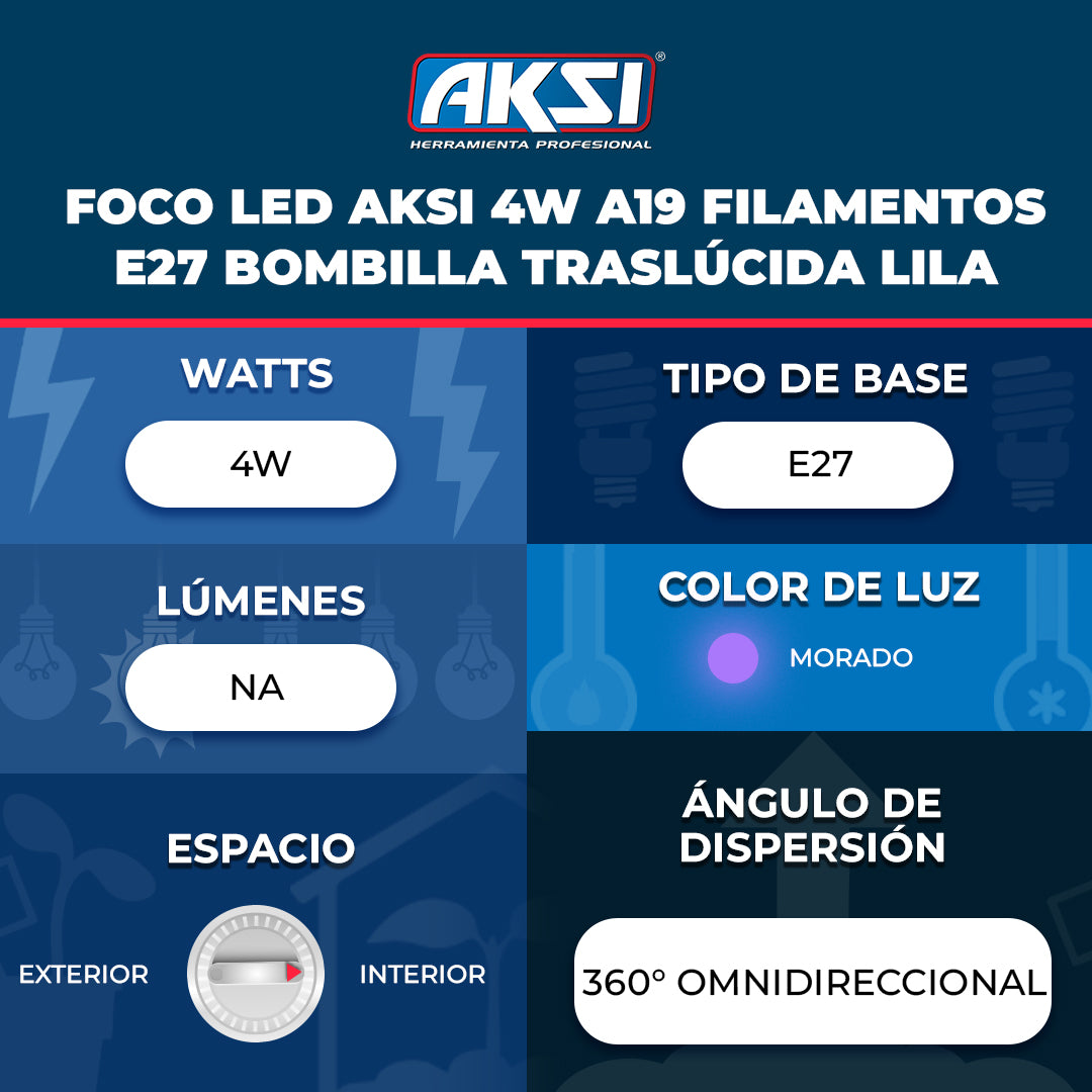 Ficha técnica de Foco LED Aksi 4W A19 Filamentos E27 Bombilla Traslúcida Lila