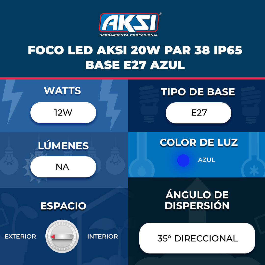 Ficha técnica de Foco LED Aksi 20W PAR 38 IP65 Base E27 Azul