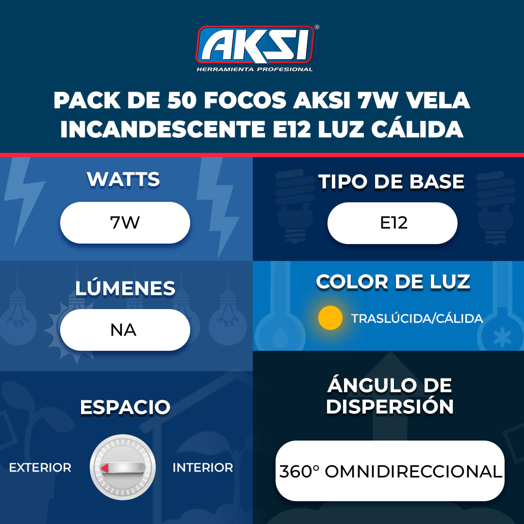 Ficha técnica de Pack de 50 focos Aksi 7W Vela Incandescente E12 Luz Cálida