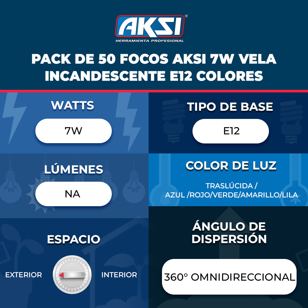 Ficha técnica de Pack de 50 focos Aksi 7W Vela Incandescente E12 Colores