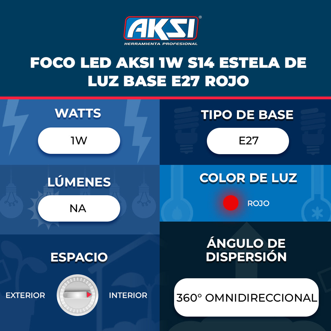 Ficha técnica de Foco LED Aksi 1W S14 Estela de Luz Base E27 Rojo