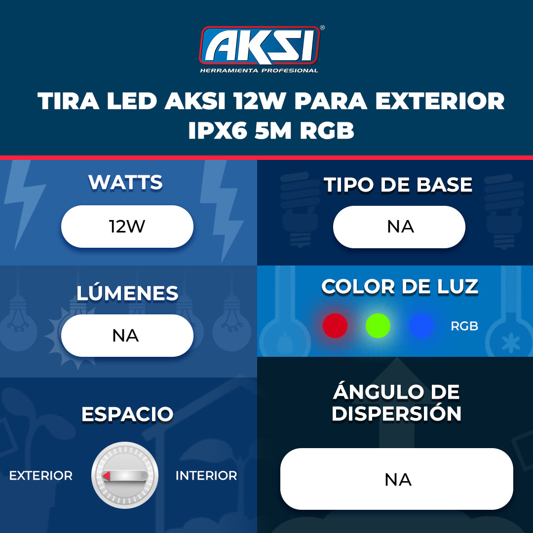 Ficha técnica de Tira LED Aksi 12W para Exterior IPX6 5m RGB