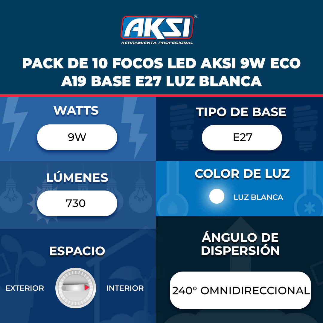 Ficha técnica de Pack de 10 focos LED Aksi 9W ECO A19 Base E27 Luz Blanca