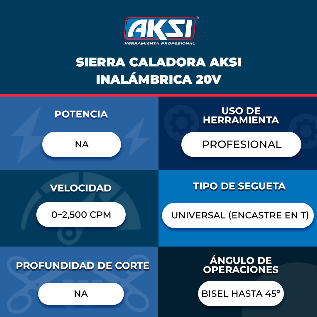 Ficha técnica de Sierra Caladora Inalámbrica 20V AKSI SWITCH Profesional