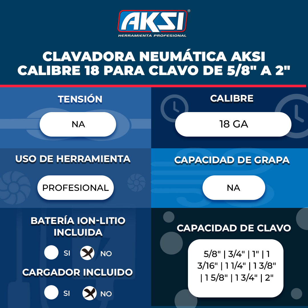 Ficha técnica de Clavadora neumática Aksi Calibre 18 para clavo de 5/8