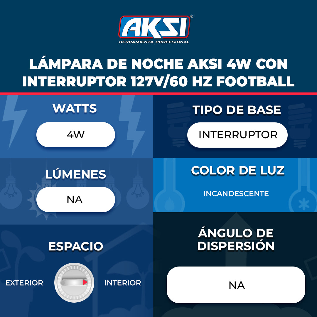 Ficha técnica de Lámpara de noche Aksi 4W con interruptor 127V/60 Hz Football