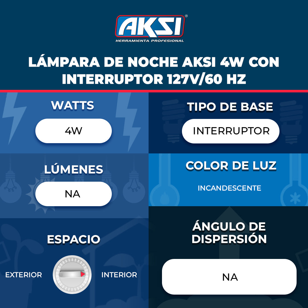 Ficha técnica de Lámpara de noche Aksi 4W con interruptor 127V/60 Hz