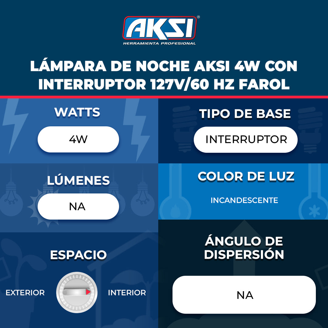 Ficha técnica de Lámpara de noche Aksi 4W con interruptor 127V/60 Hz Farol