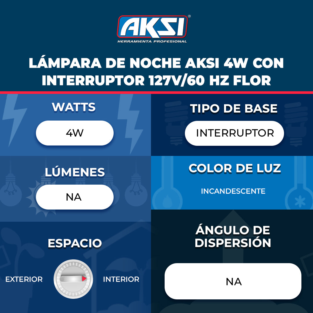 Ficha técnica de Lámpara de noche Aksi 4W con interruptor 127V/60 Hz Flor