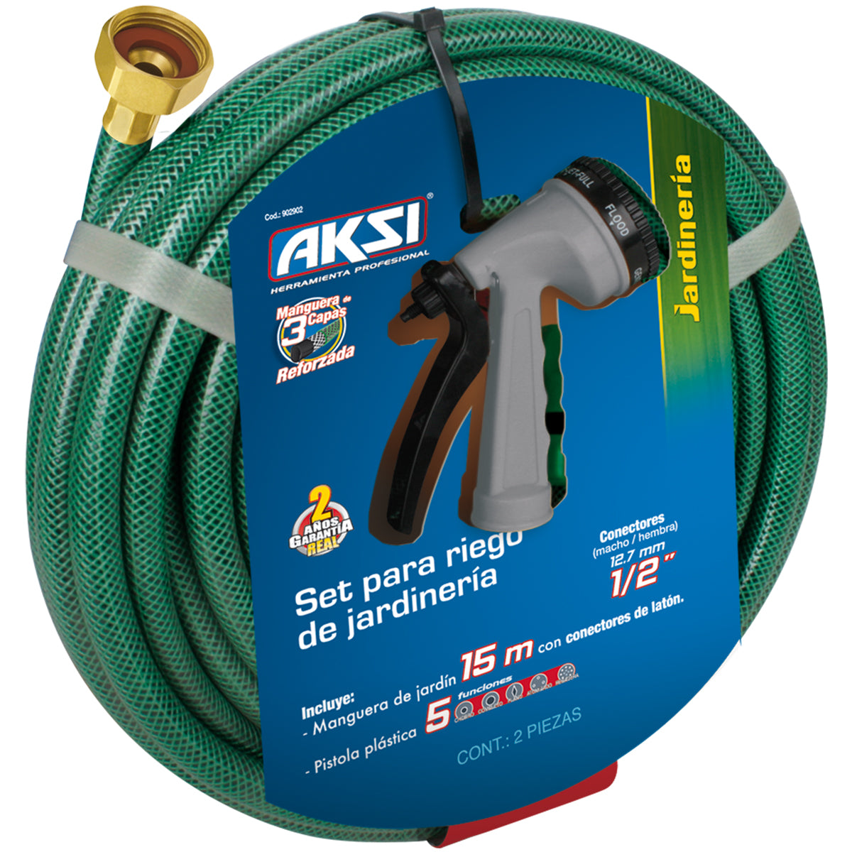 102932 AKSI - Kit manguera de jardin 15 mts con pistola de riego de 5 funciones